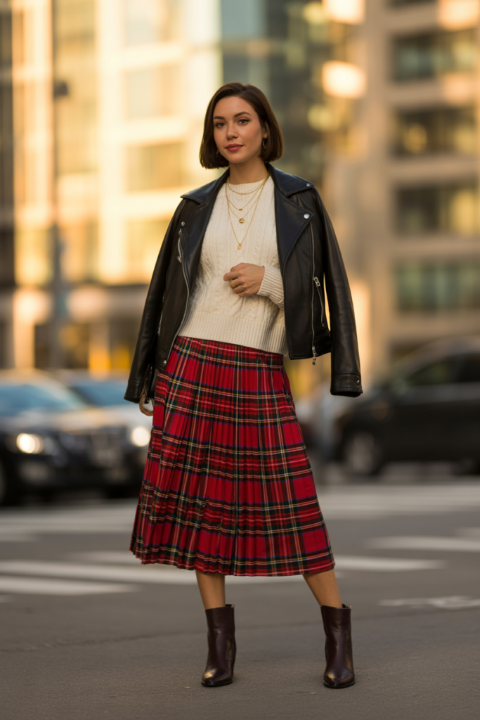 Plaid Pleated Skirt + Sweater + Leather Jacket