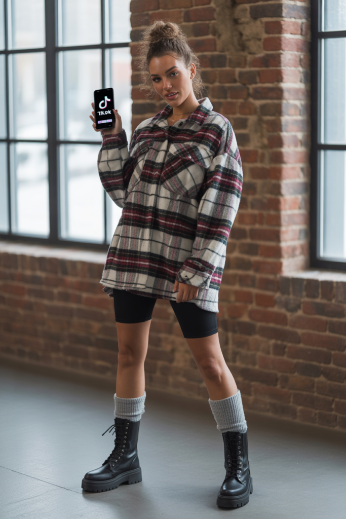 Plaid Shacket + Biker Shorts + Knee-High Socks