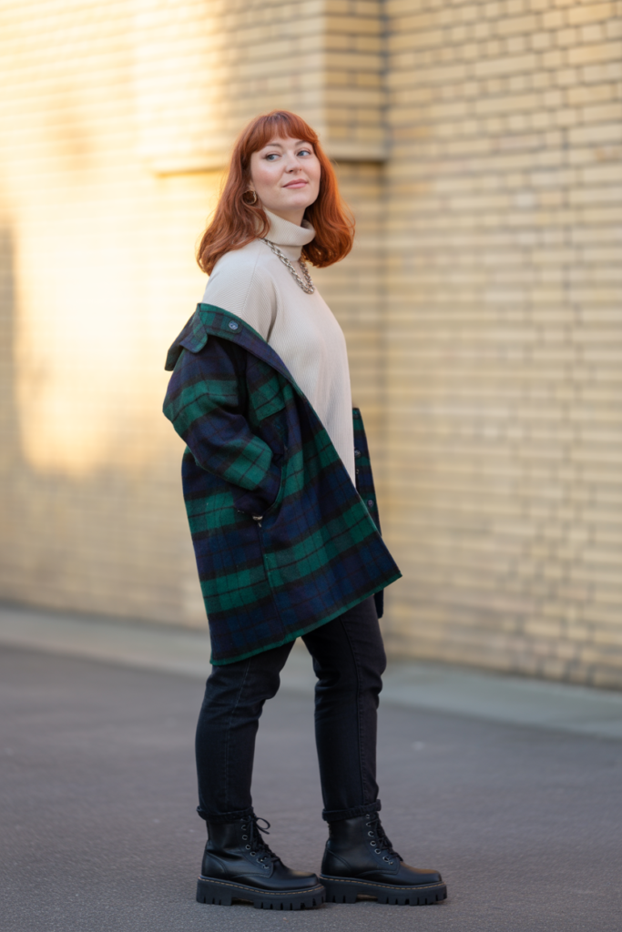 Plaid Shacket + Turtleneck + Black Jeans