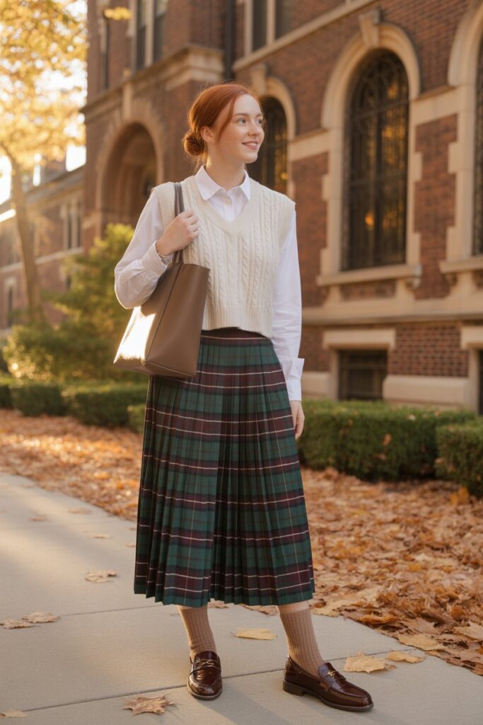 Plaid Skirt + Sweater Vest For Preppy Style