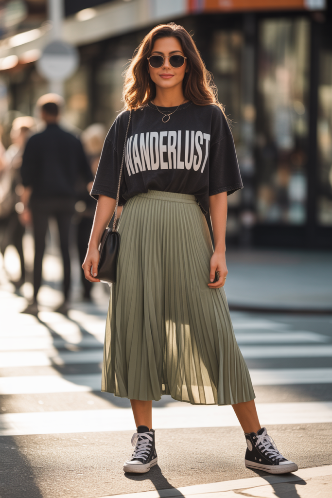 Pleated Skirt + Graphic Tee For Street Style Edge