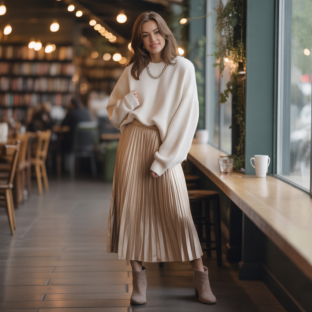 Pleated Skirt with a Chunky Sweater