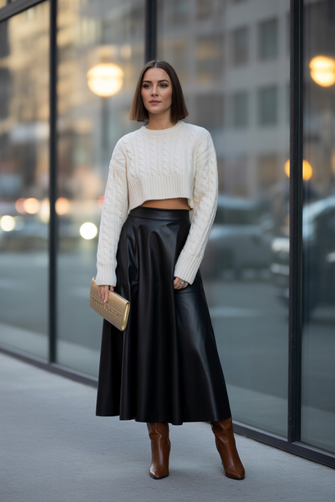 Pleather Skirt + Cropped Sweater For Winter Nights