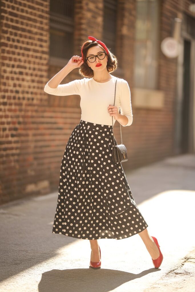 Polka Dot Skirt + Fitted Top For Vintage Vibes