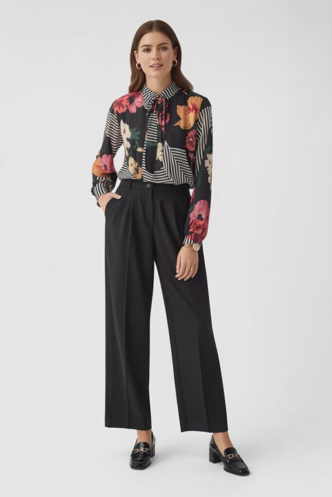 Printed Blouse + Black Trousers