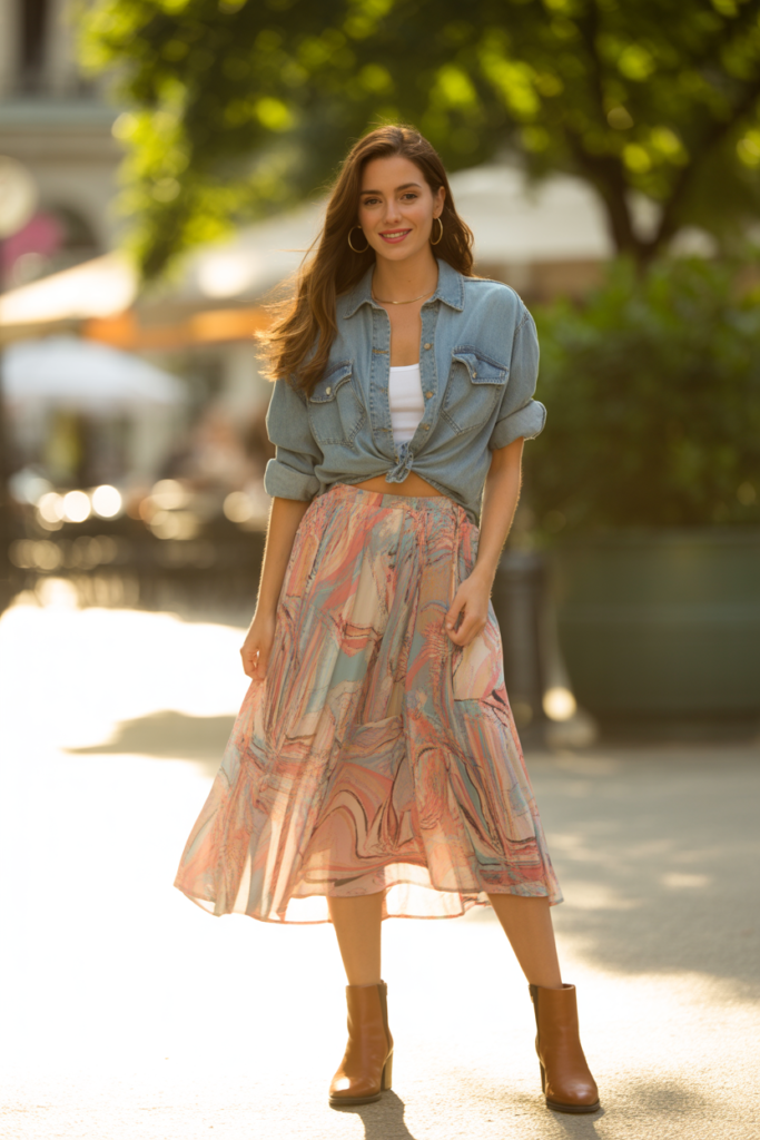 Printed Skirt + Denim Shirt For Transitional Weather