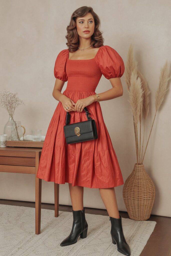 Puff-Sleeve Dress + Ankle Boots