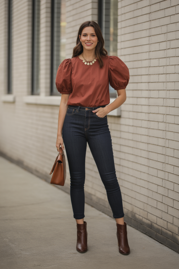Puff-Sleeve Top + Dark Denim