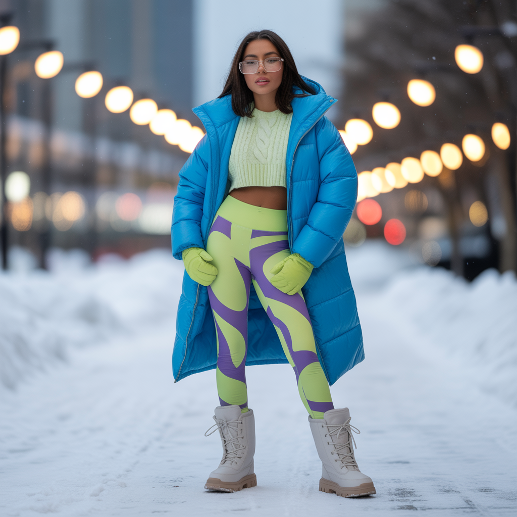 Puffer Coat + Cropped Knit Top + Patterned Leggings