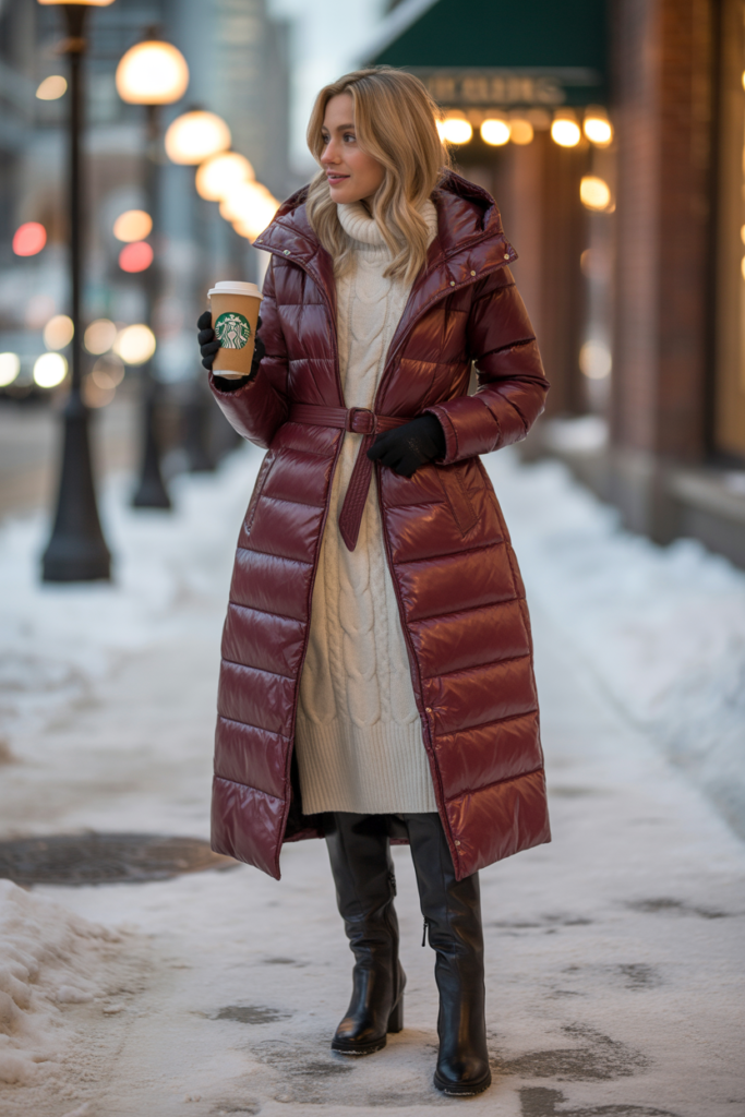 Puffer Coat + Knit Dress + Over-The-Knee Boots For Cold Nights