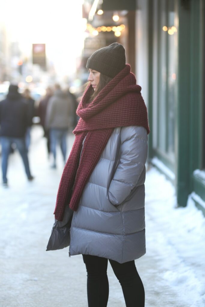 Puffer Coat + Oversized Scarf + Leggings For Everyday Warmth