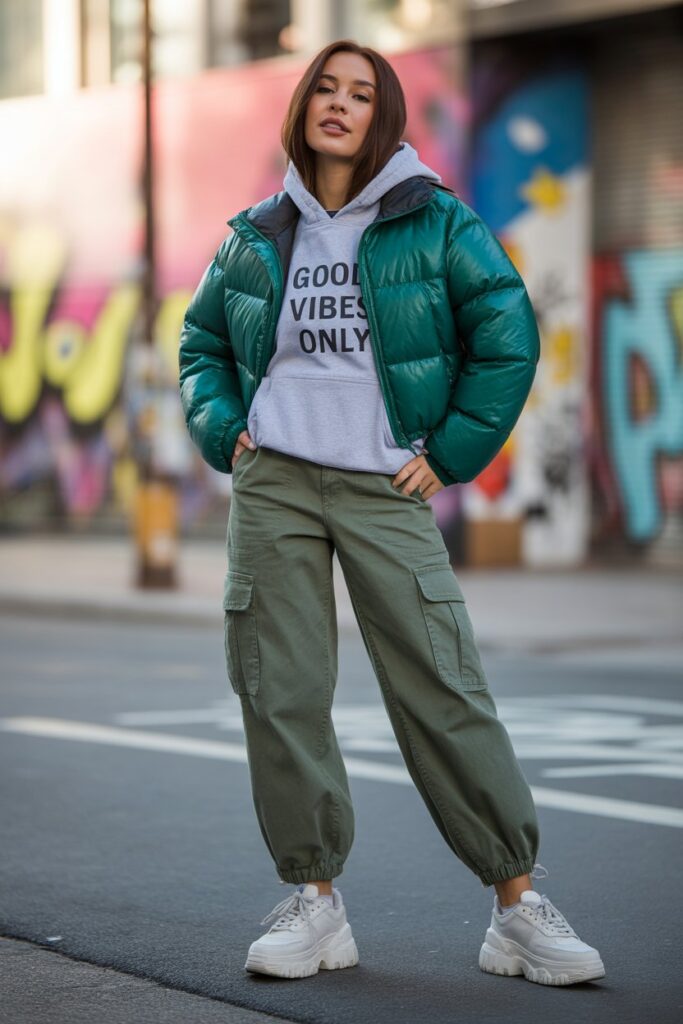 Puffer Jacket + Hoodie + Cargo Pants