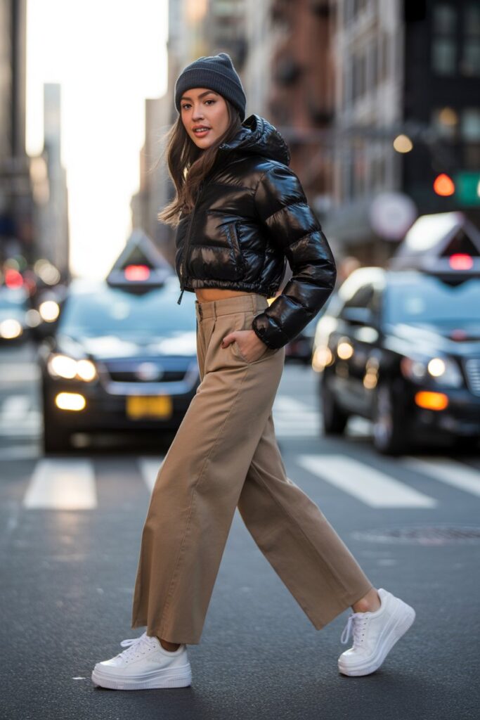 Puffer Jacket + Wide-Leg Pants
