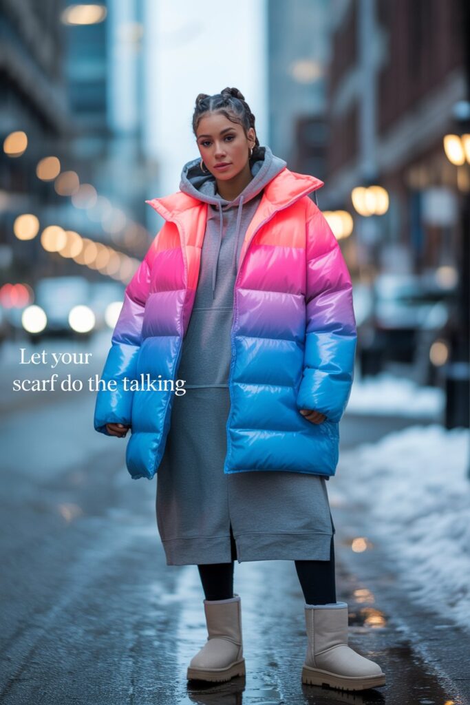 Puffer Scarf + Longline Hoodie + Leggings
