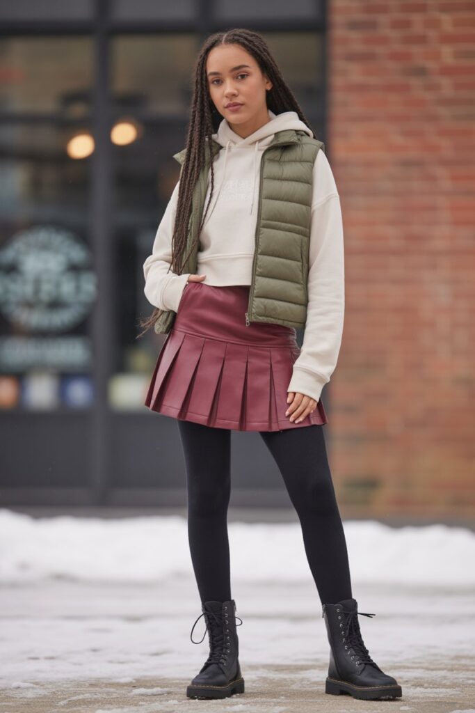 Puffer Vest + Cropped Hoodie + Cargo Skirt + Tights