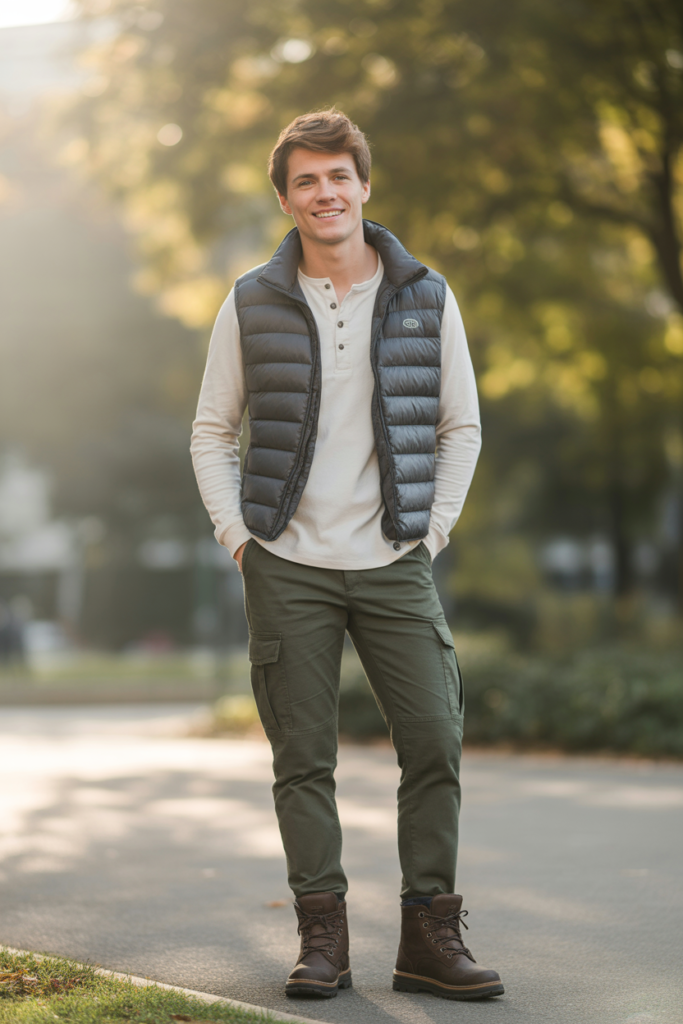 Puffer Vest + Henley Top + Cargo Pants