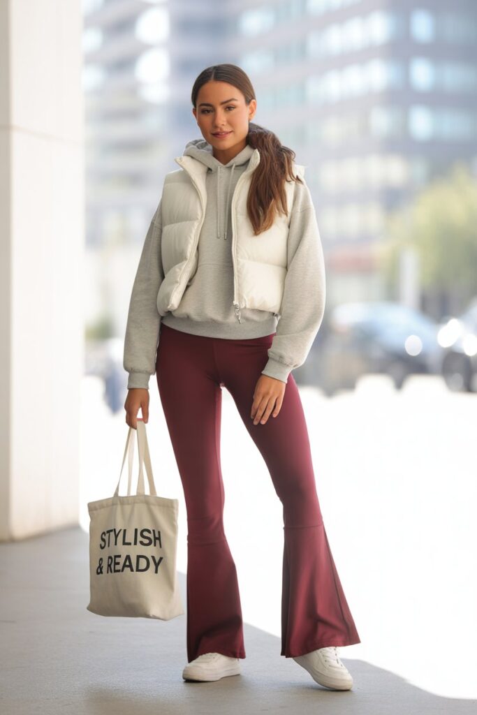 Puffer Vest + Hoodie + Flared Leggings