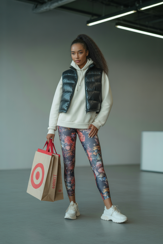 Puffer Vest + Hoodie + Printed Leggings