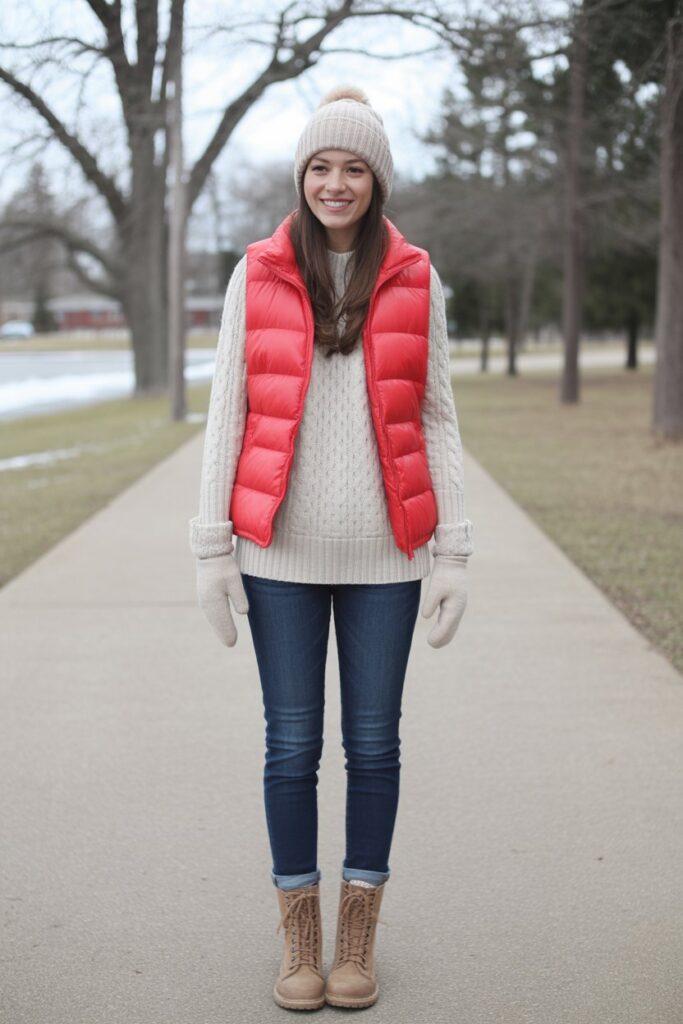Puffer Vest + Sweater + Jeans
