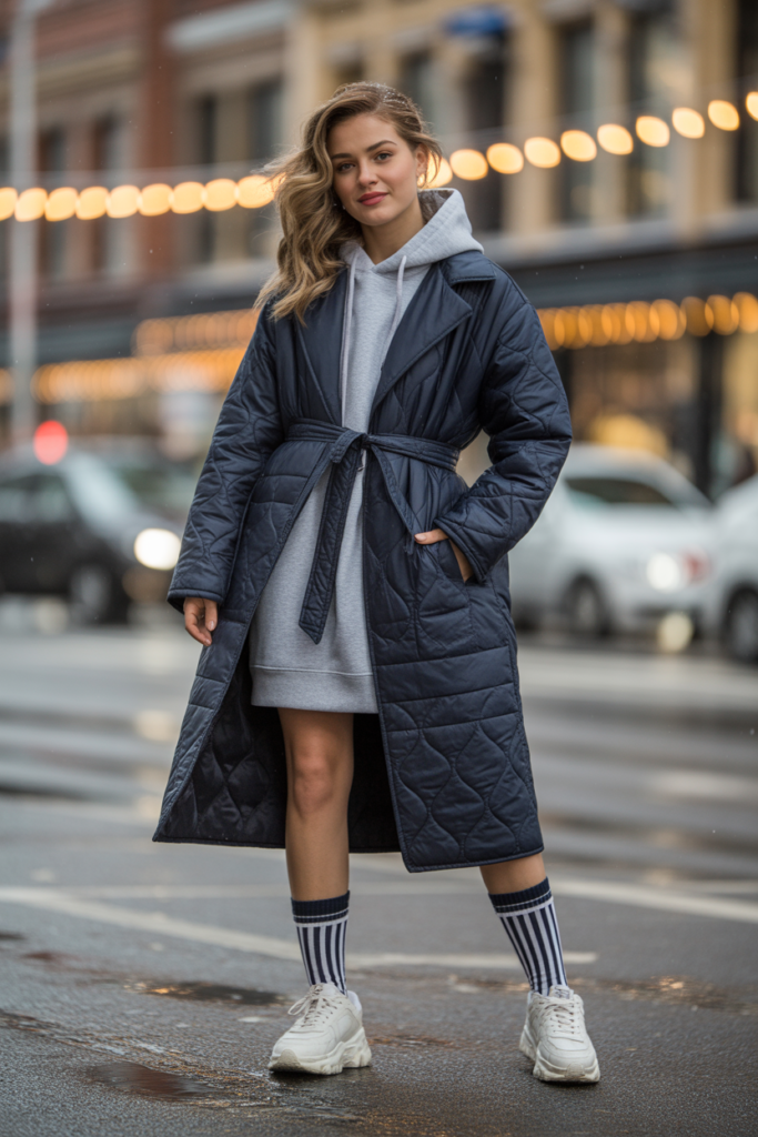 Quilted Coat + Hoodie Dress + Tall Socks