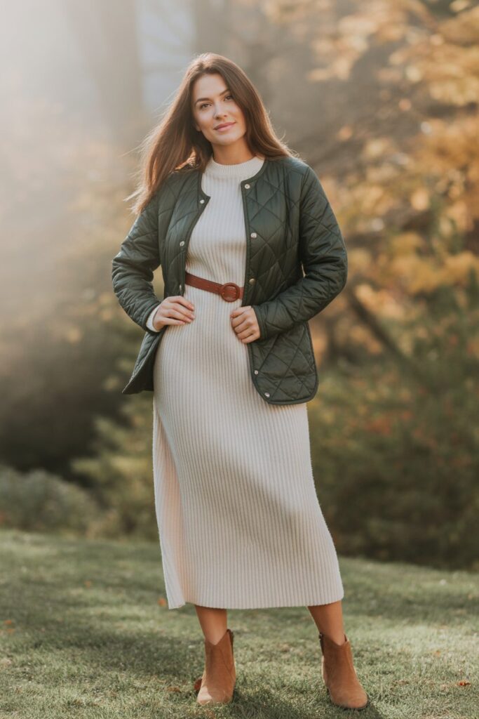 Quilted Jacket + Knit Dress + Ankle Boots