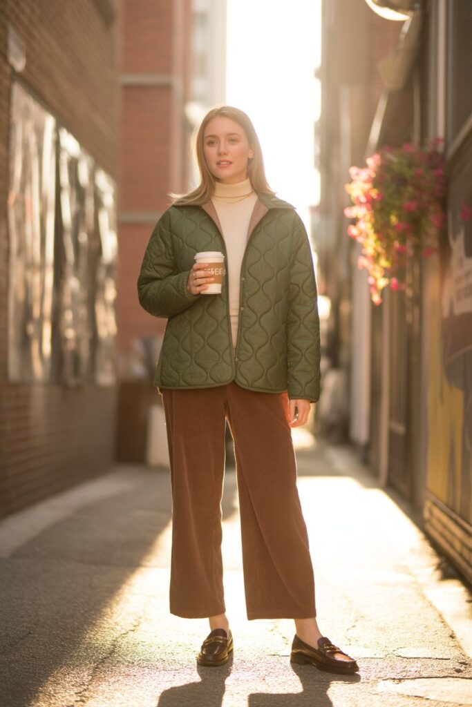 Quilted Jacket + Turtleneck + Corduroy Pants