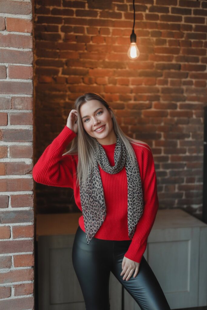 Red Sweater + Faux Leather Leggings + Leopard Print Scarf For Bold Vibes
