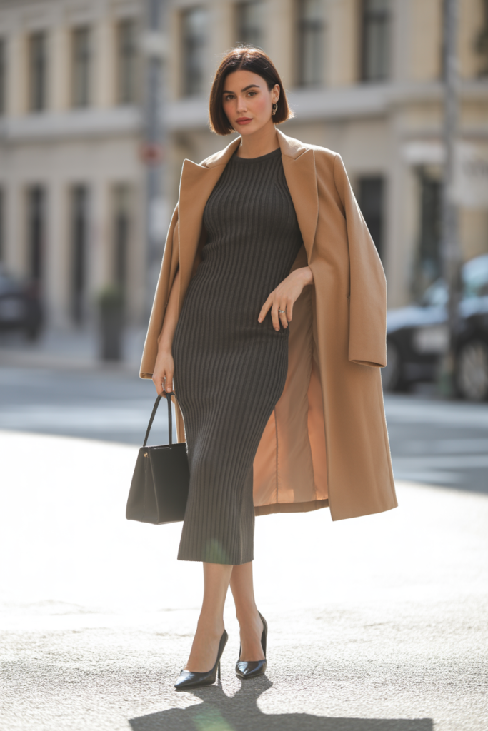 Ribbed Knit Midi Dress + Belted Coat + Pointed Heels For Streamlined Style