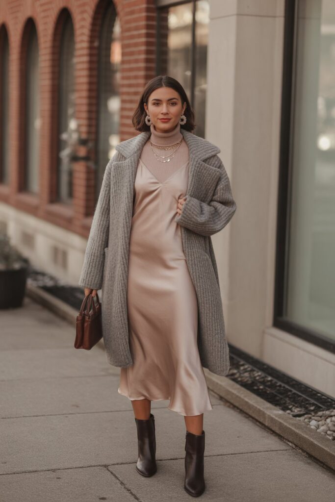 Ribbed Knit Turtleneck + Slip Dress
