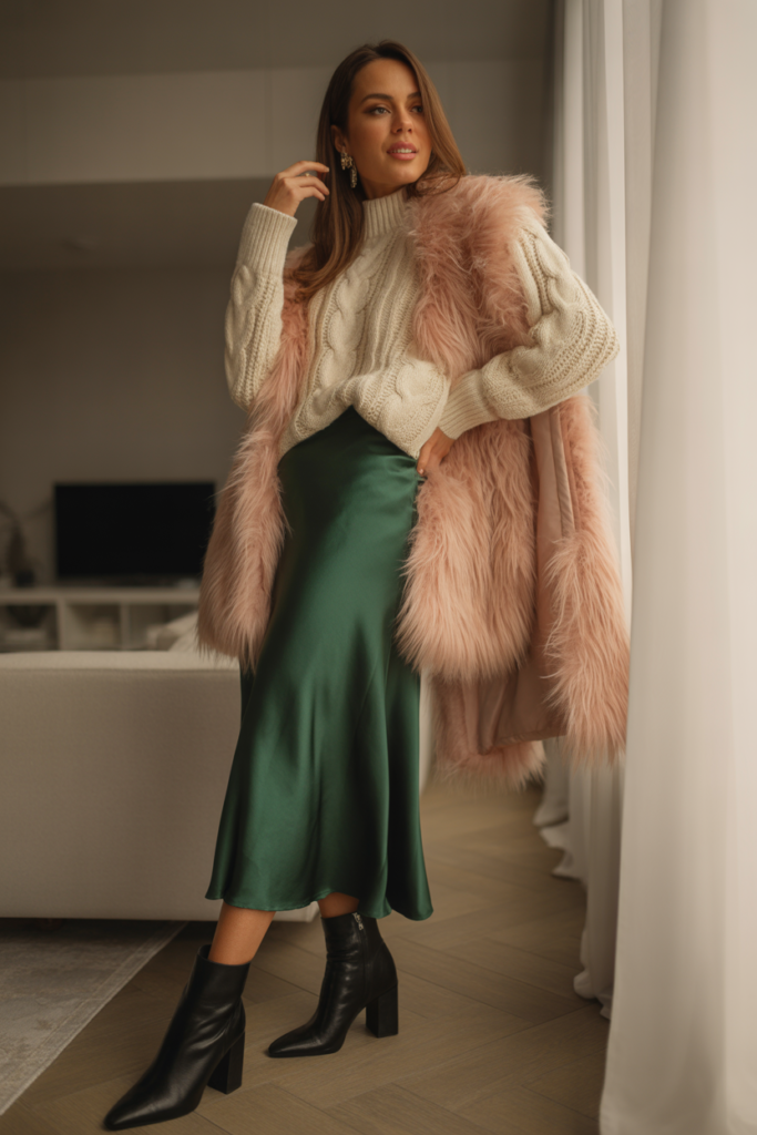 Satin Midi Skirt + Cable-Knit Sweater