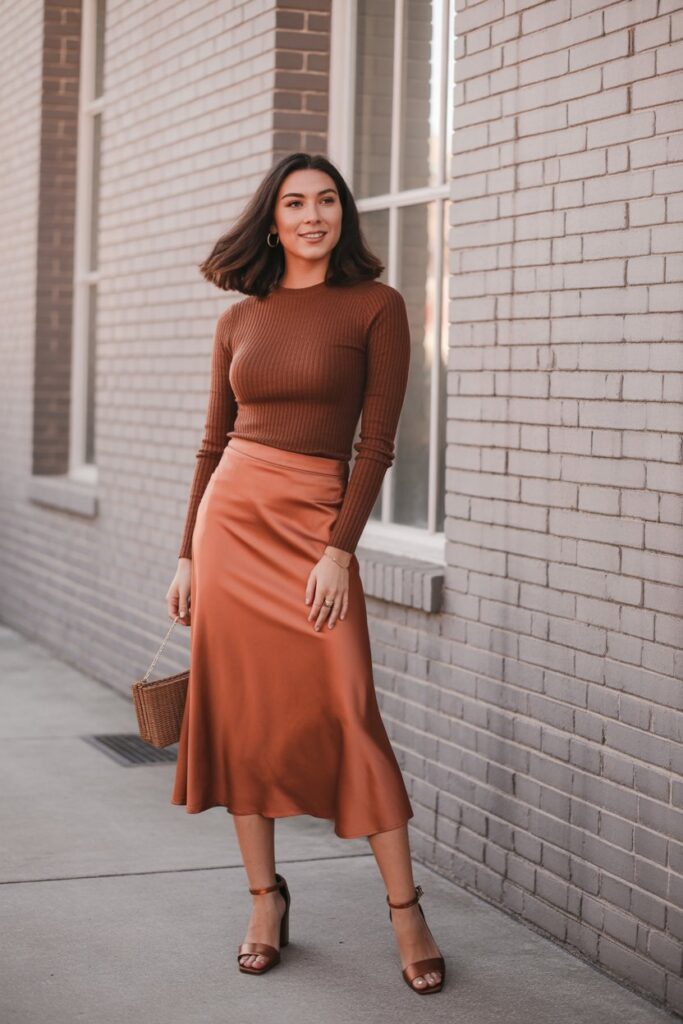 Satin Midi Skirt + Knit Top