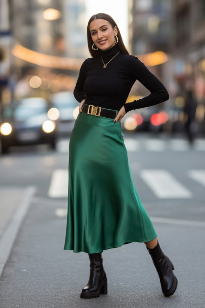 Satin Midi Skirt + Turtleneck Sweater