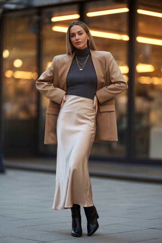 Satin Skirt + Turtleneck + Blazer