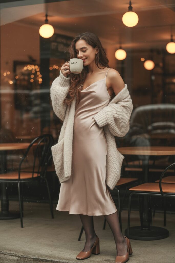 Satin Slip Dress + Chunky Cardigan For Date Night