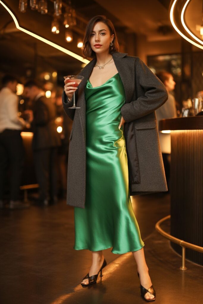 Satin Slip Dress + Oversized Wool Coat + Kitten Heels For Understated Glam