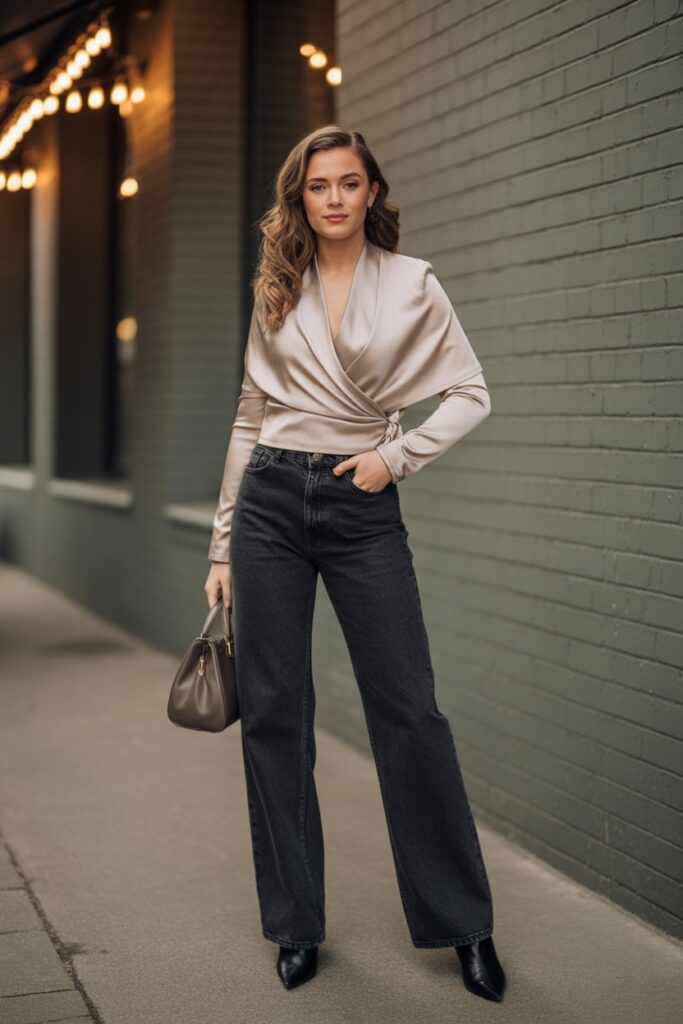 Satin Wrap Top + Straight-Leg Jeans + Pointed Boots For Laid-Back Luxe