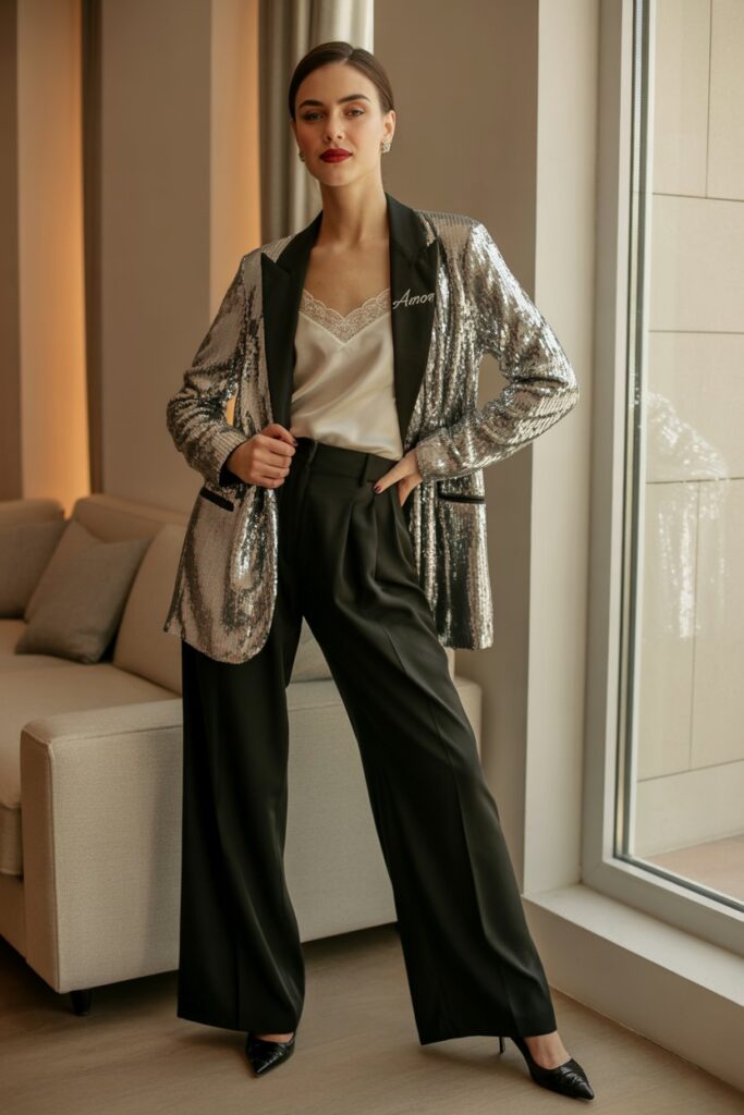 Sequin Blazer + Wide-Leg Trousers