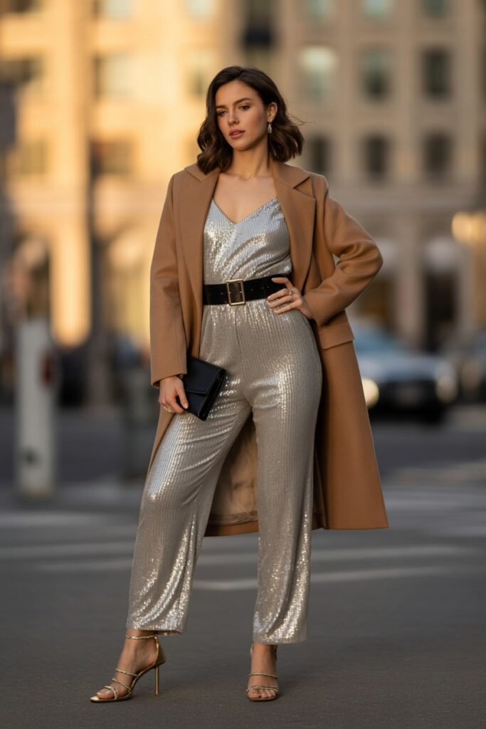 Sequin Jumpsuit + Belted Wool Coat + Strappy Heels For Full-On Glam