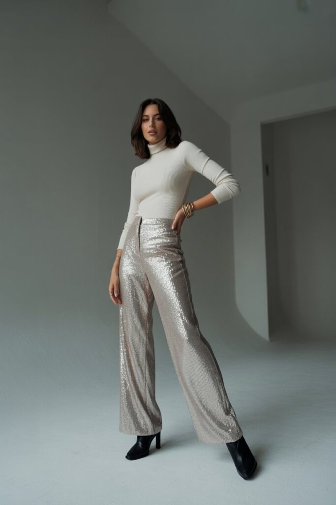 Sequin Pants + Neutral Turtleneck