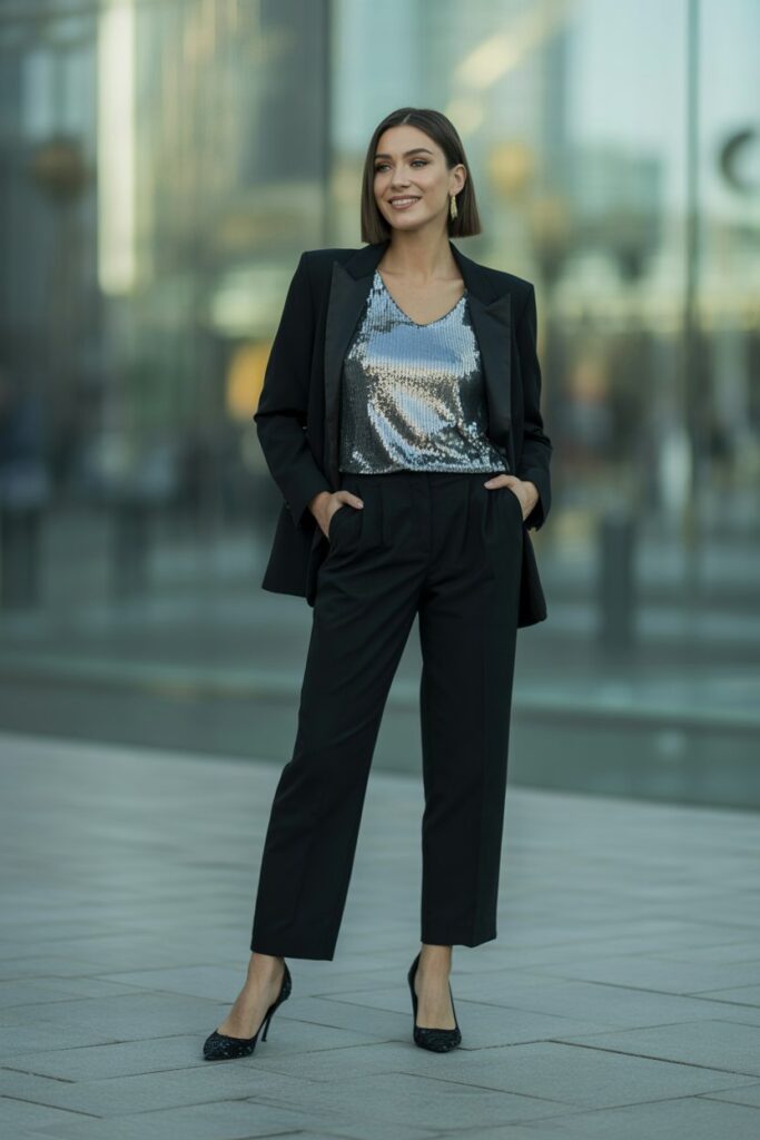 Sequin Top + Black Trousers + Blazer For Sparkling Nights