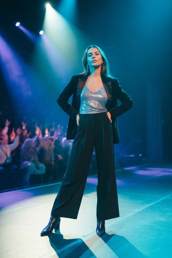 Sequin Top + Blazer + Wide-Leg Trousers