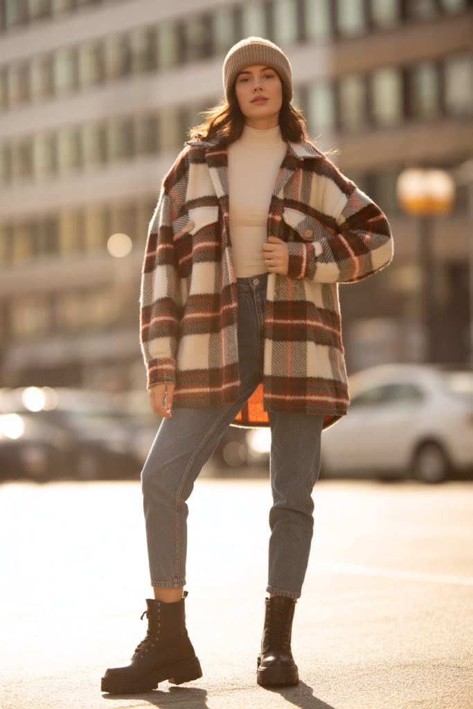 Shacket + Turtleneck + High-Waisted Jeans