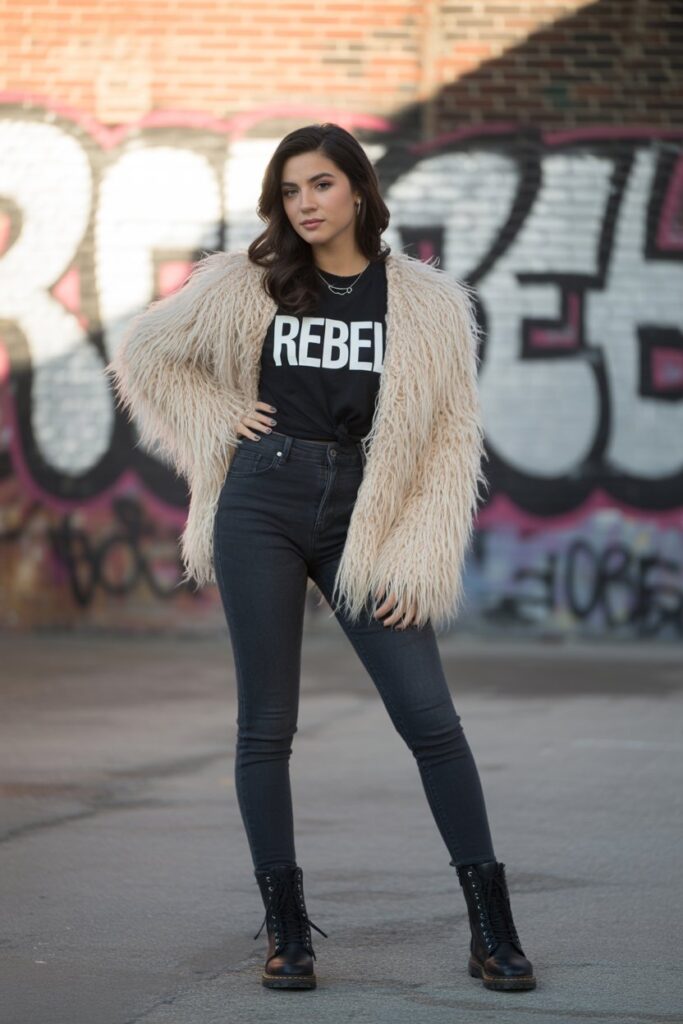 Shaggy Faux Fur Jacket + Skinny Jeans + Graphic Tee
