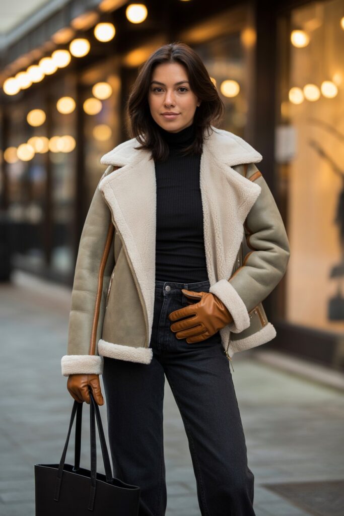 Shearling Jacket + Straight-Leg Jeans