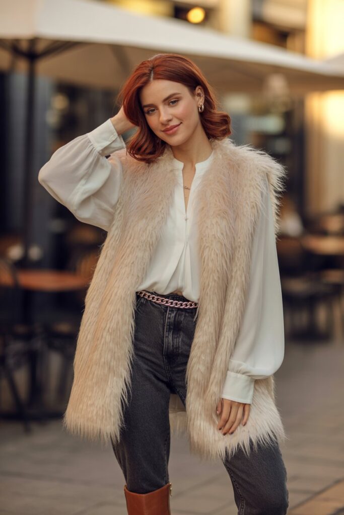 Sheer Blouse + Faux Fur Vest For Drama