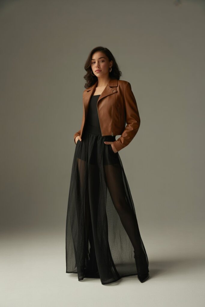 Sheer Maxi Skirt + Bodysuit + Cropped Leather Jacket For Subtle Drama