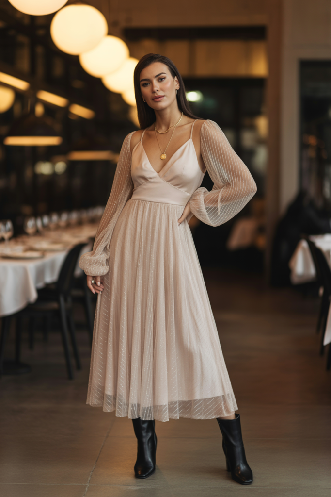 Sheer Sleeve Dress + Heeled Boots