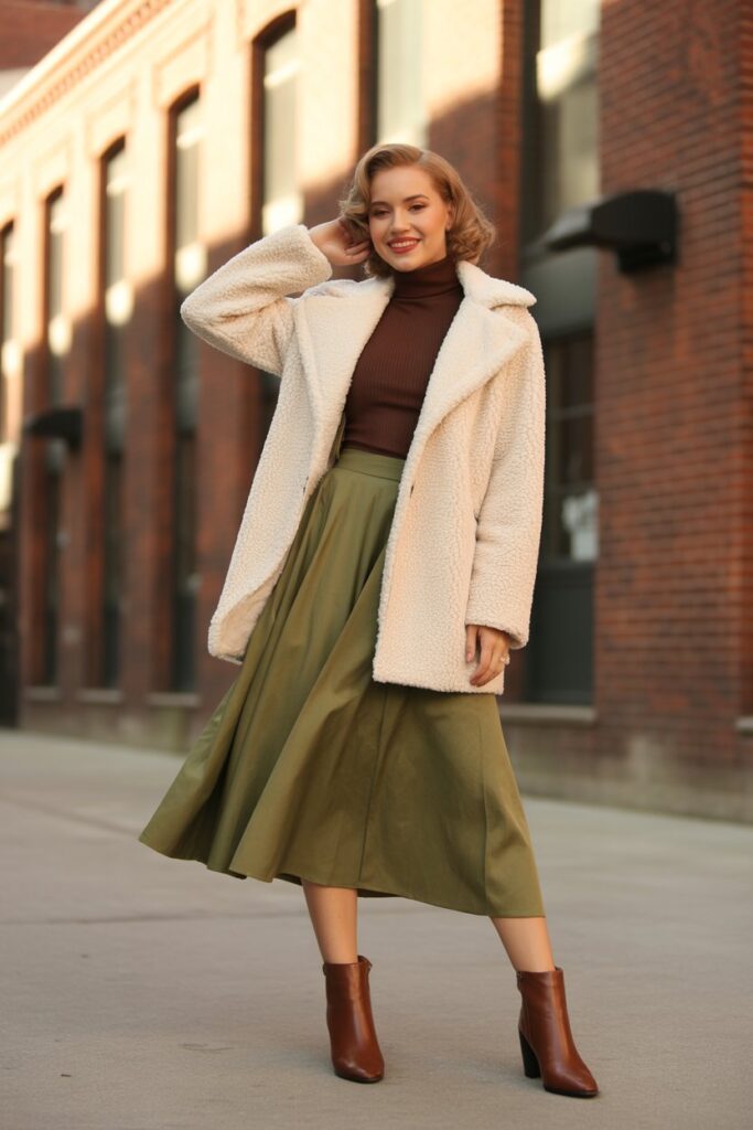 Sherpa Coat + Midi Skirt Combo For Vintage Vibes