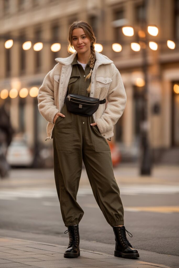 Sherpa Jacket + Jumpsuit + Combat Boots