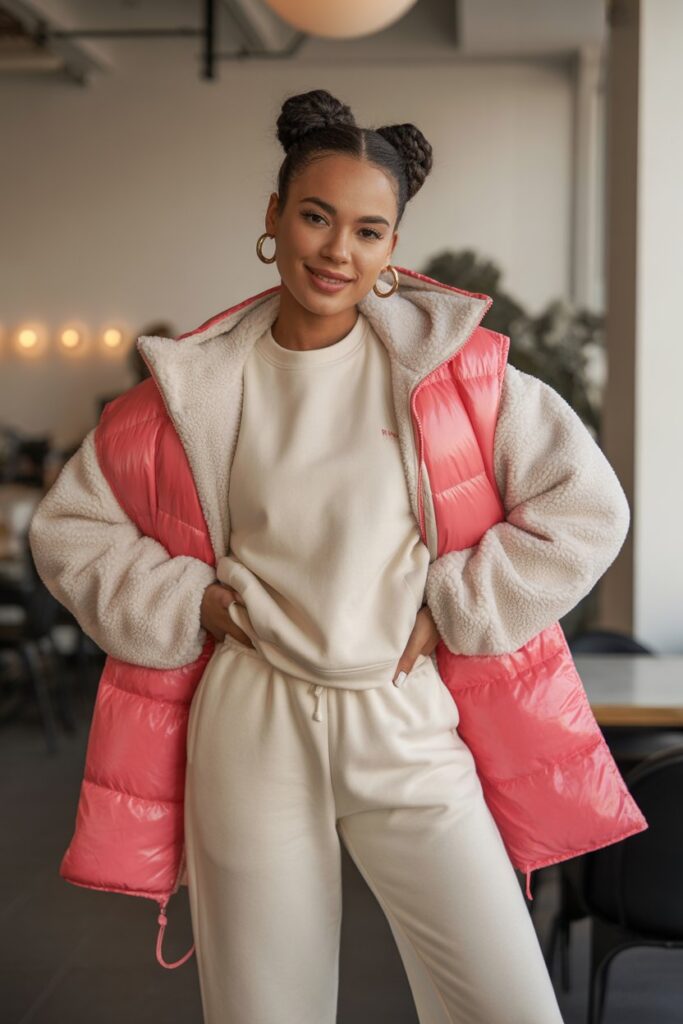 Sherpa Jacket + Sweatpants Set + Puffer Scarf